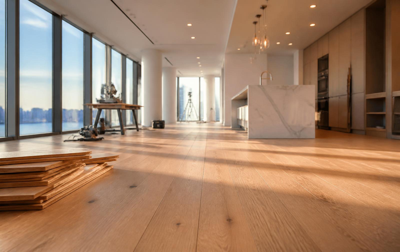 Rénovation intérieure en cours avec plancher de chêne blanc fraîchement posé